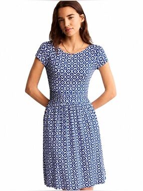 Boden Amelie Jersey Dress Blue White Geometric Stamp Print 14R